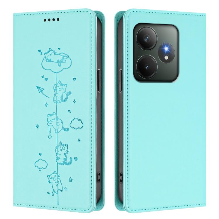 For Realme GT 6 / GT 6T Cute Cats Embossed Magnetic RFID Vegan Leather Phone Case