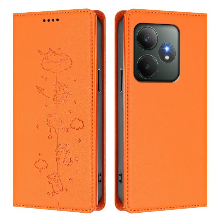 For Realme GT 6 / GT 6T Cute Cats Embossed Magnetic RFID Vegan Leather Phone Case
