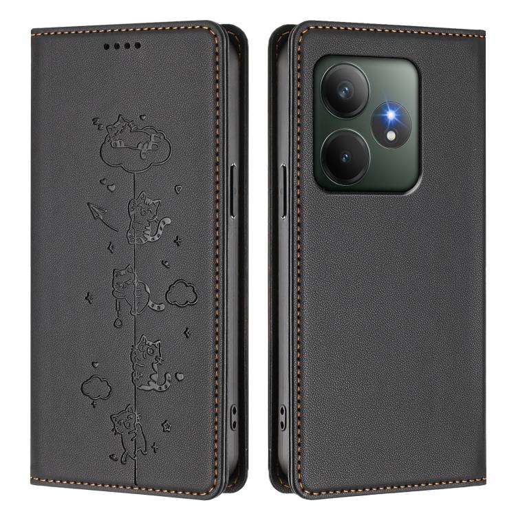 For Realme GT 6 / GT 6T Cute Cats Embossed Magnetic RFID Vegan Leather Phone Case