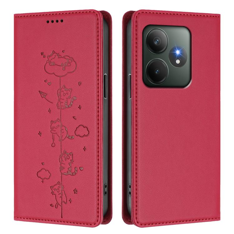 For Realme GT 6 / GT 6T Cute Cats Embossed Magnetic RFID Vegan Leather Phone Case