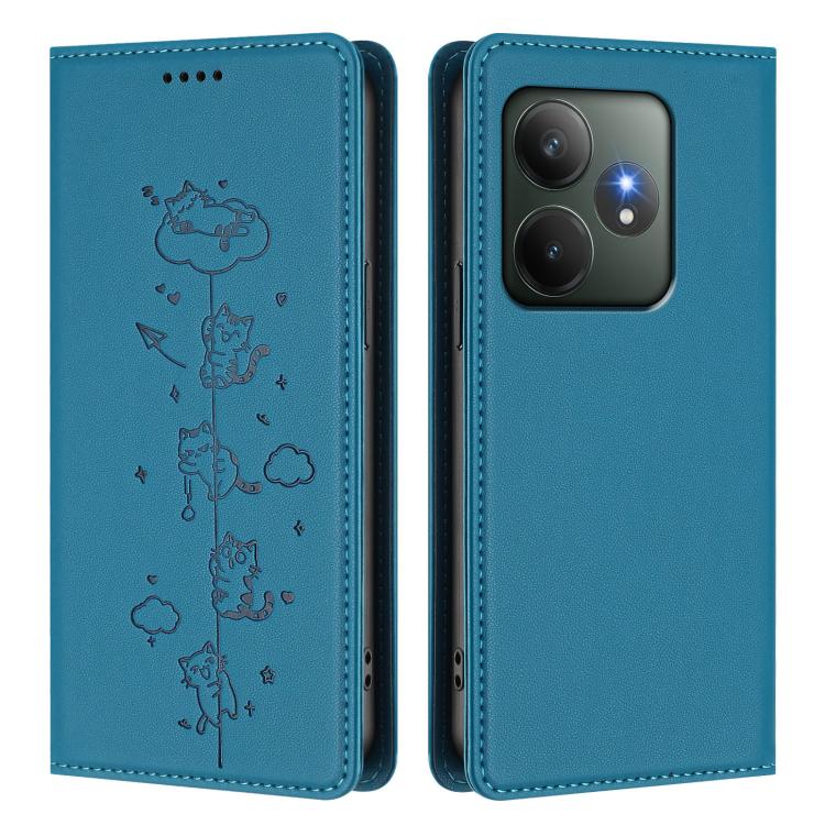 For Realme GT 6 / GT 6T Cute Cats Embossed Magnetic RFID Vegan Leather Phone Case
