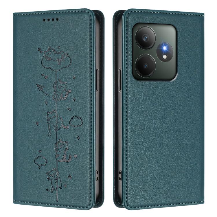 For Realme GT 6 / GT 6T Cute Cats Embossed Magnetic RFID Vegan Leather Phone Case