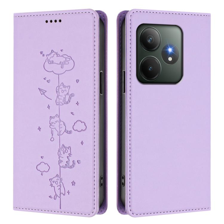 For Realme GT 6 / GT 6T Cute Cats Embossed Magnetic RFID Vegan Leather Phone Case