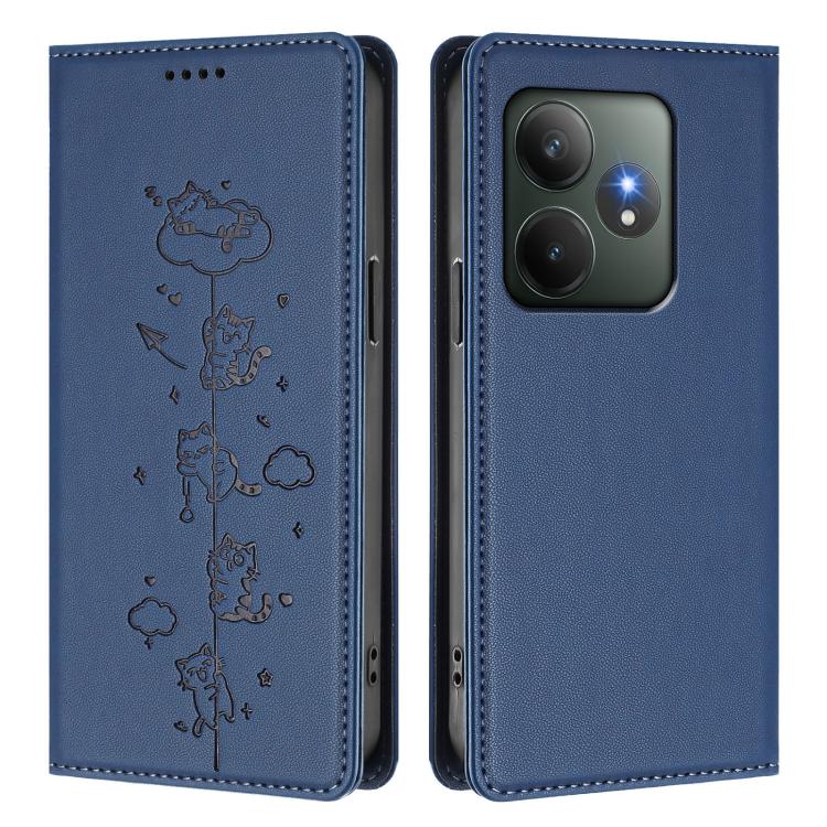 For Realme GT 6 / GT 6T Cute Cats Embossed Magnetic RFID Vegan Leather Phone Case