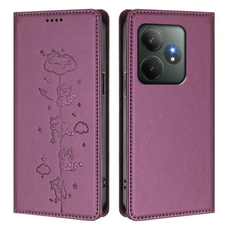 For Realme GT 6 / GT 6T Cute Cats Embossed Magnetic RFID Vegan Leather Phone Case