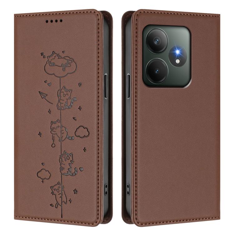 For Realme GT 6 / GT 6T Cute Cats Embossed Magnetic RFID Vegan Leather Phone Case