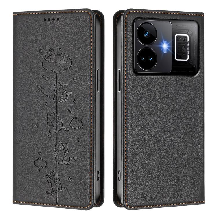 For Realme GT3 Cute Cats Embossed Magnetic RFID Vegan Leather Phone Case