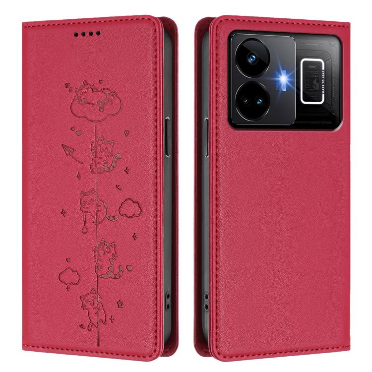 For Realme GT3 Cute Cats Embossed Magnetic RFID Vegan Leather Phone Case