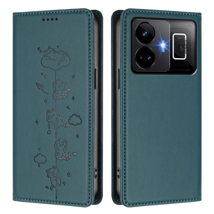 For Realme GT3 Cute Cats Embossed Magnetic RFID Vegan Leather Phone Case