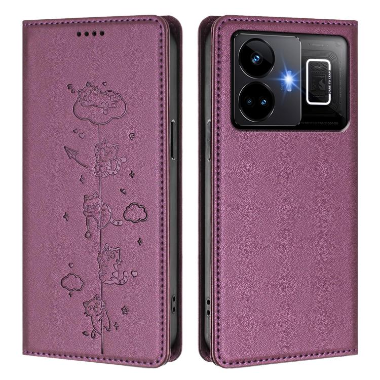 For Realme GT3 Cute Cats Embossed Magnetic RFID Vegan Leather Phone Case