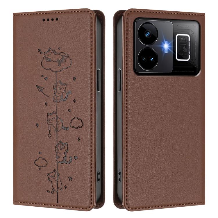 For Realme GT3 Cute Cats Embossed Magnetic RFID Vegan Leather Phone Case