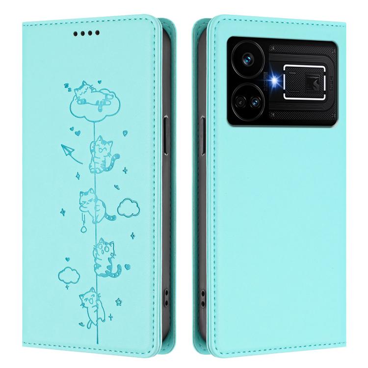 For Realme GT5 240W / GT5 Cute Cats Embossed Magnetic RFID Vegan Leather Phone Case