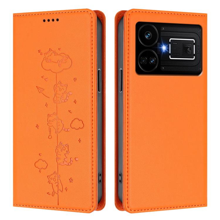 For Realme GT5 240W / GT5 Cute Cats Embossed Magnetic RFID Vegan Leather Phone Case
