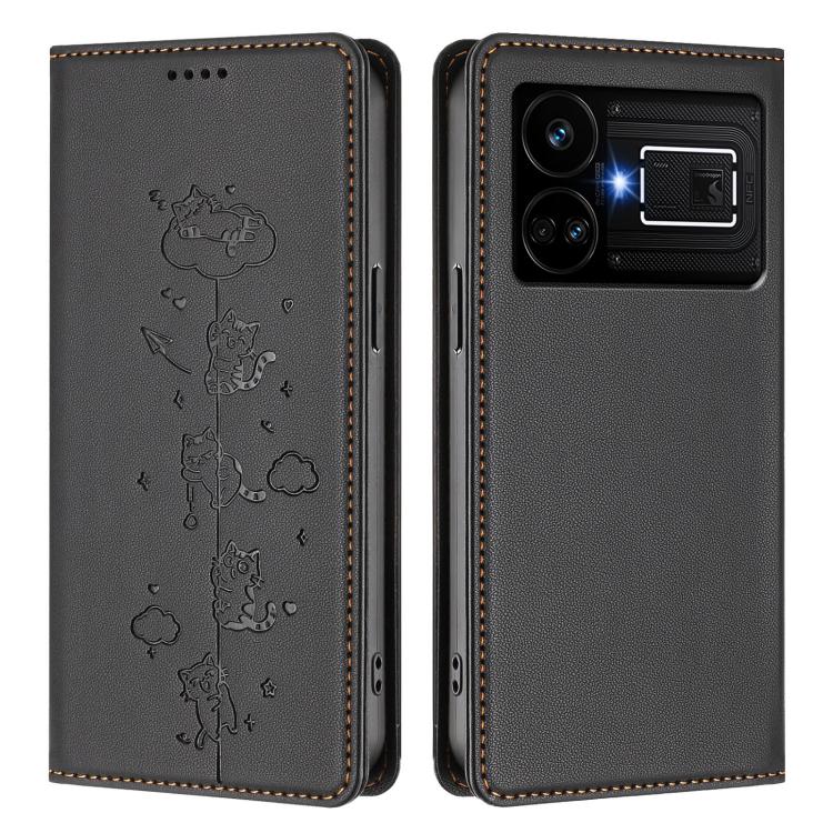 For Realme GT5 240W / GT5 Cute Cats Embossed Magnetic RFID Vegan Leather Phone Case