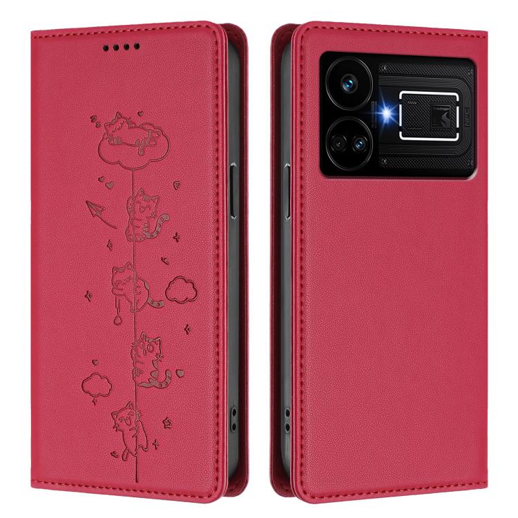For Realme GT5 240W / GT5 Cute Cats Embossed Magnetic RFID Vegan Leather Phone Case