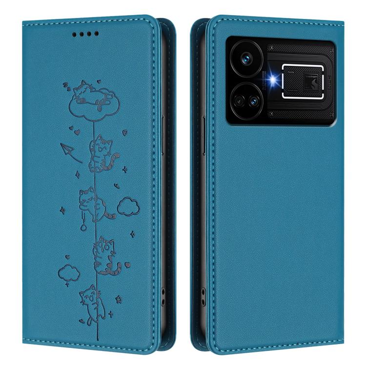 For Realme GT5 240W / GT5 Cute Cats Embossed Magnetic RFID Vegan Leather Phone Case