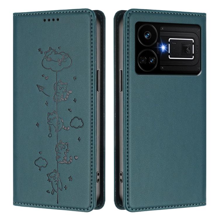 For Realme GT5 240W / GT5 Cute Cats Embossed Magnetic RFID Vegan Leather Phone Case