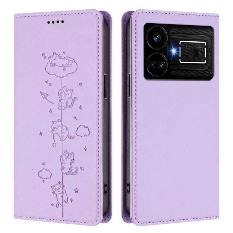 For Realme GT5 240W / GT5 Cute Cats Embossed Magnetic RFID Vegan Leather Phone Case