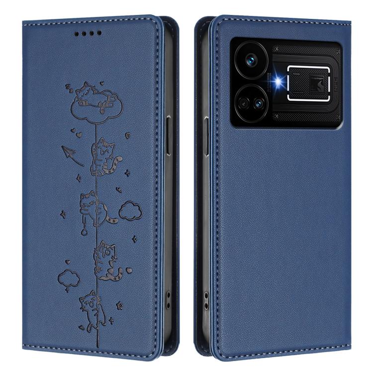 For Realme GT5 240W / GT5 Cute Cats Embossed Magnetic RFID Vegan Leather Phone Case