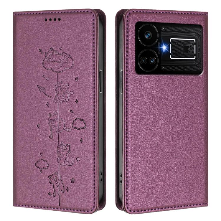 For Realme GT5 240W / GT5 Cute Cats Embossed Magnetic RFID Vegan Leather Phone Case