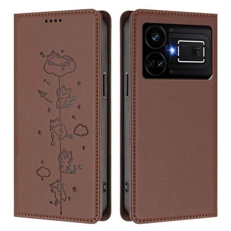 For Realme GT5 240W / GT5 Cute Cats Embossed Magnetic RFID Vegan Leather Phone Case