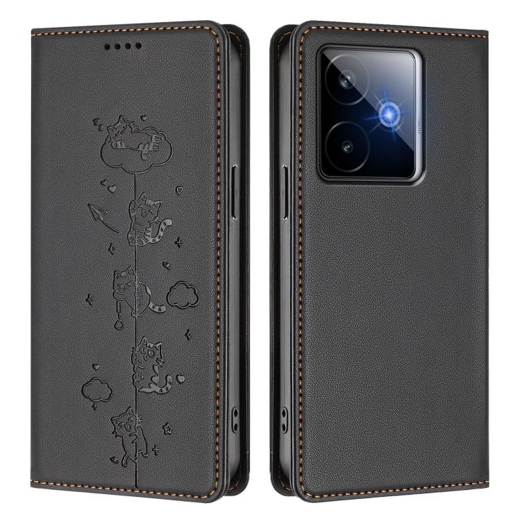 For Realme GT 7 Global Cute Cats Embossed Magnetic RFID Vegan Leather Phone Case