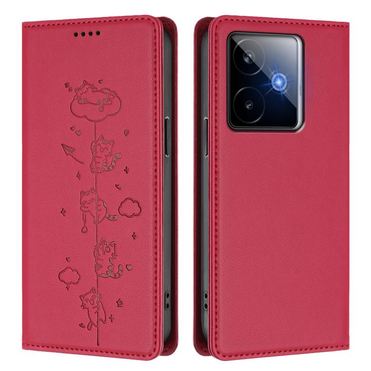 For Realme GT 7 Global Cute Cats Embossed Magnetic RFID Vegan Leather Phone Case