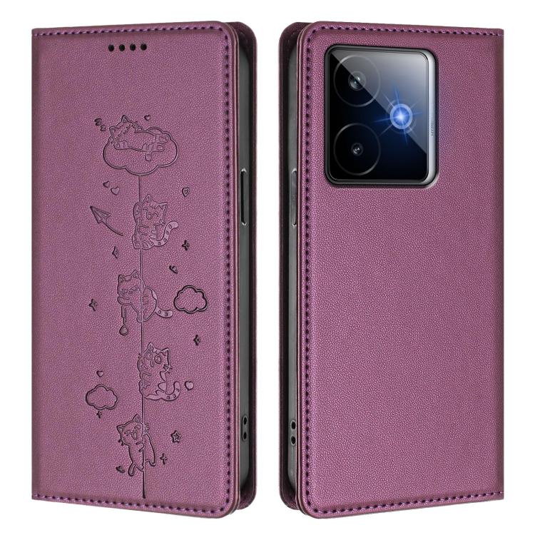 For Realme GT 7 Global Cute Cats Embossed Magnetic RFID Vegan Leather Phone Case