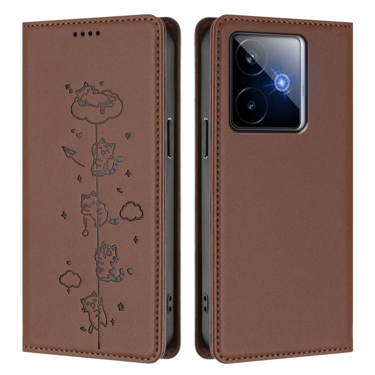 For Realme GT 7 Global Cute Cats Embossed Magnetic RFID Vegan Leather Phone Case