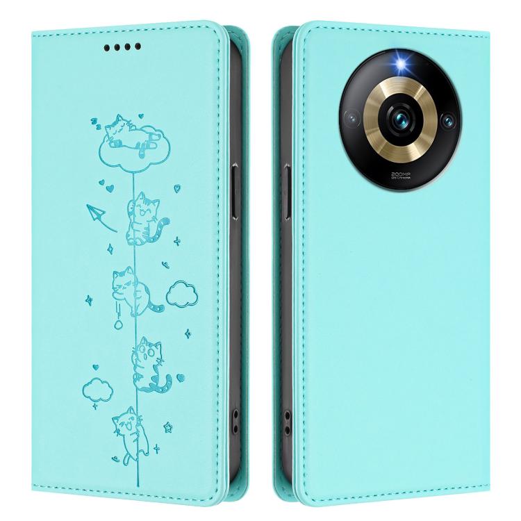 For Realme Narzo 60 Pro Global Cute Cats Embossed Magnetic RFID Vegan Leather Phone Case
