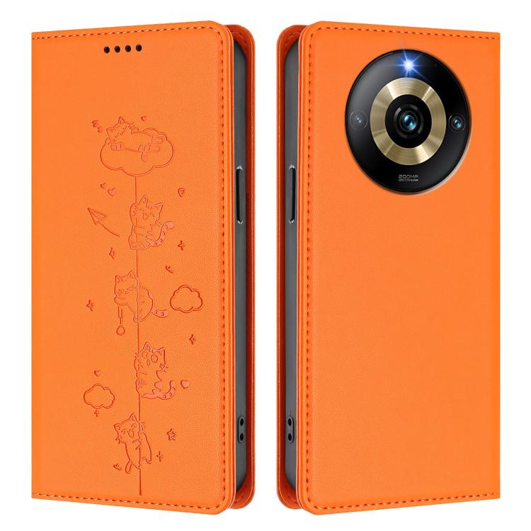 For Realme Narzo 60 Pro Global Cute Cats Embossed Magnetic RFID Vegan Leather Phone Case