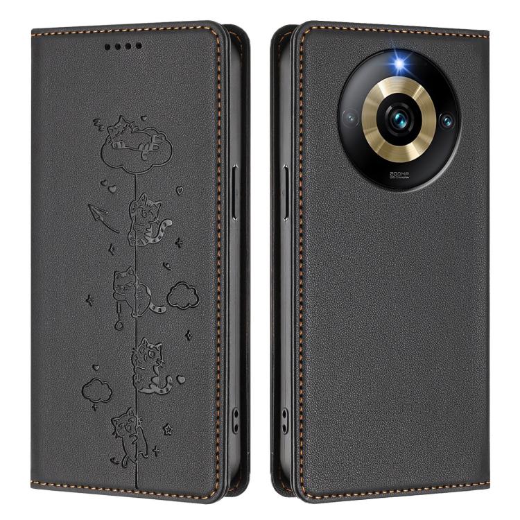 For Realme Narzo 60 Pro Global Cute Cats Embossed Magnetic RFID Vegan Leather Phone Case