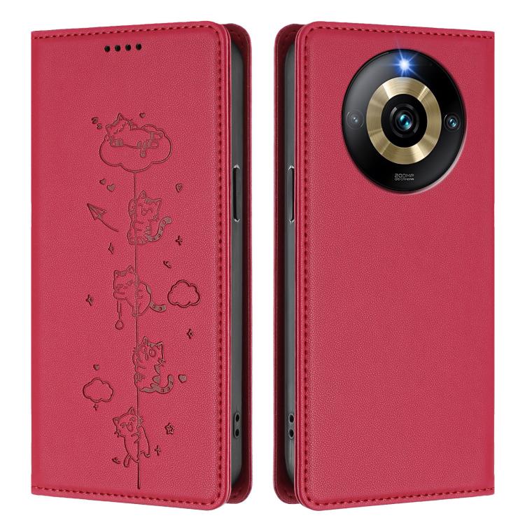 For Realme Narzo 60 Pro Global Cute Cats Embossed Magnetic RFID Vegan Leather Phone Case
