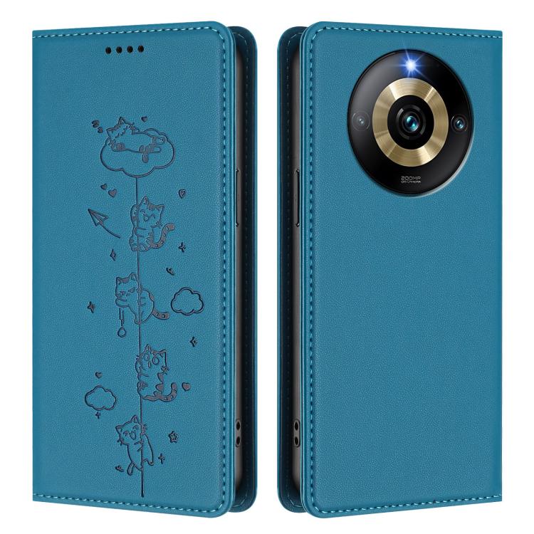 For Realme Narzo 60 Pro Global Cute Cats Embossed Magnetic RFID Vegan Leather Phone Case
