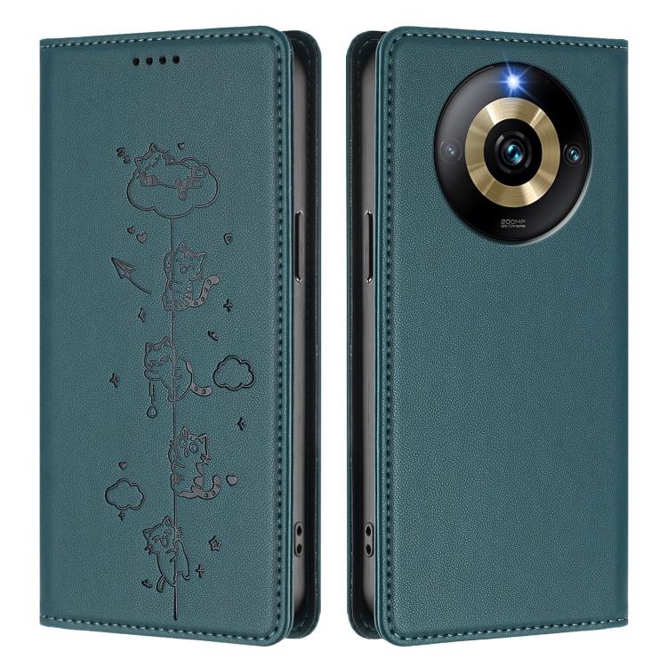 For Realme Narzo 60 Pro Global Cute Cats Embossed Magnetic RFID Vegan Leather Phone Case