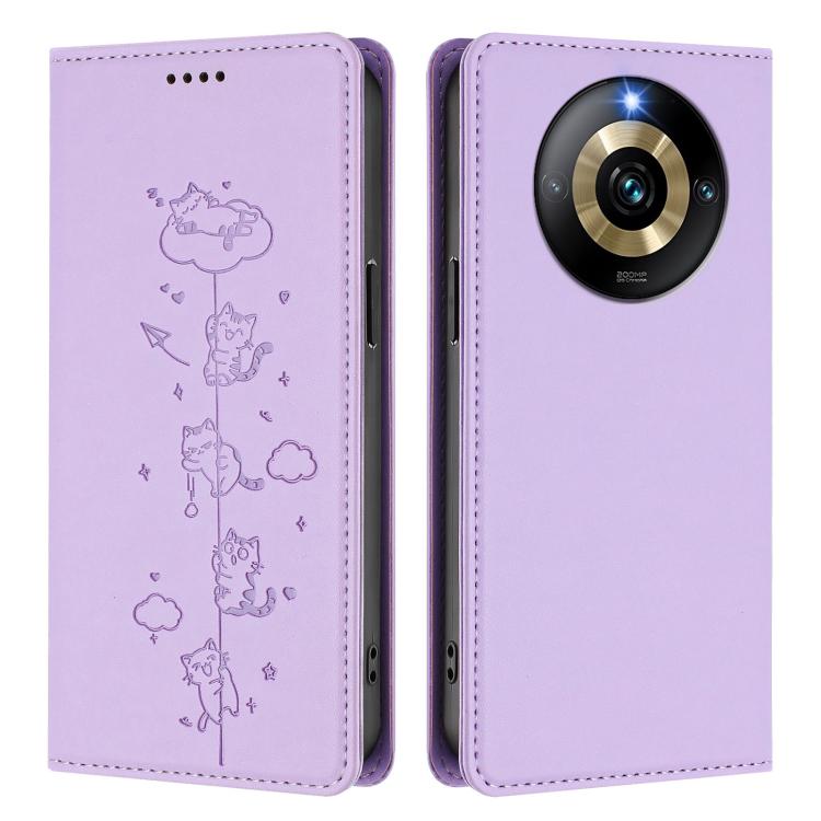 For Realme Narzo 60 Pro Global Cute Cats Embossed Magnetic RFID Vegan Leather Phone Case