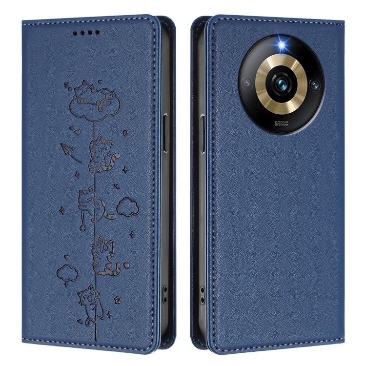 For Realme Narzo 60 Pro Global Cute Cats Embossed Magnetic RFID Vegan Leather Phone Case