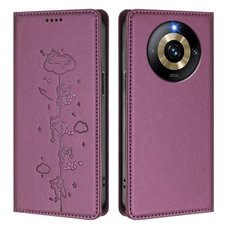 For Realme Narzo 60 Pro Global Cute Cats Embossed Magnetic RFID Vegan Leather Phone Case