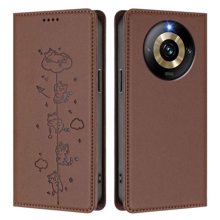 For Realme Narzo 60 Pro Global Cute Cats Embossed Magnetic RFID Vegan Leather Phone Case