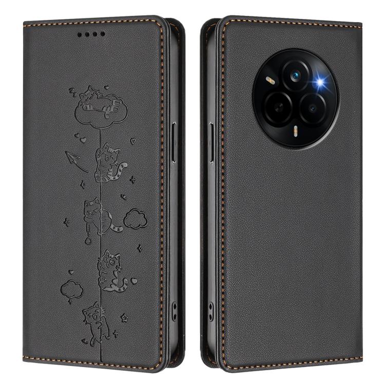 For Realme Narzo 80 Pro / 14 Pro 5G India Cute Cats Embossed Magnetic RFID Vegan Leather Phone Case