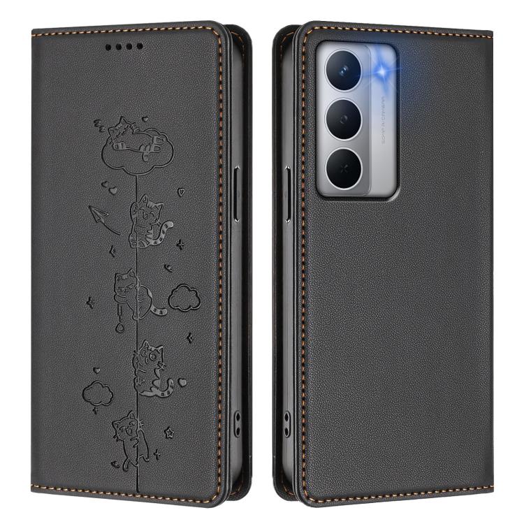For Realme Narzo 80X Cute Cats Embossed Magnetic RFID Vegan Leather Phone Case