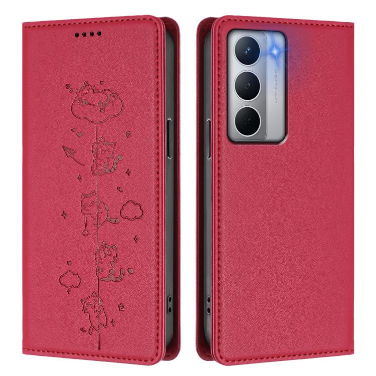 For Realme Narzo 80X Cute Cats Embossed Magnetic RFID Vegan Leather Phone Case