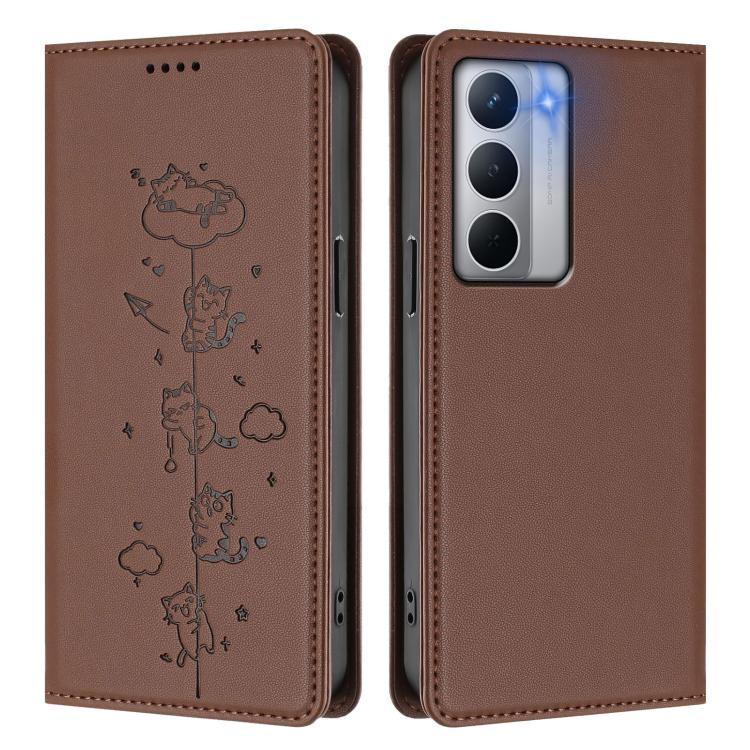 For Realme Narzo 80X Cute Cats Embossed Magnetic RFID Vegan Leather Phone Case