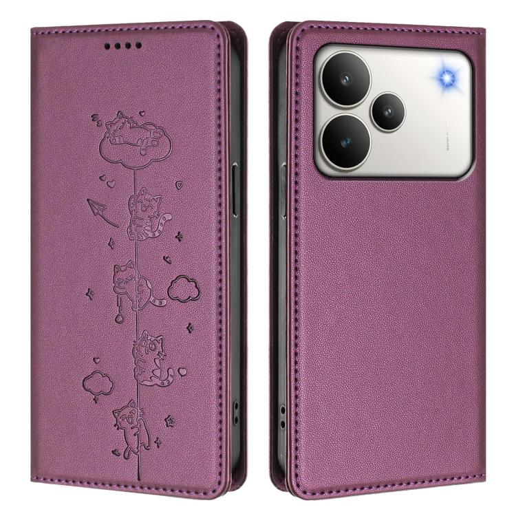 For Realme P4 Cute Cats Embossed Magnetic RFID Vegan Leather Phone Case