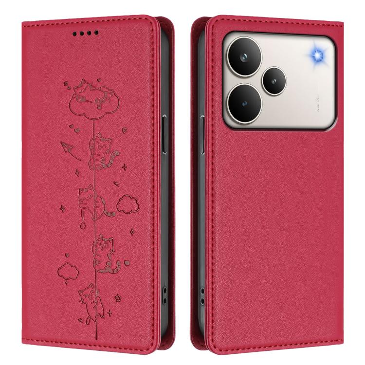 For Realme P4 Pro 5G Cute Cats Embossed Magnetic RFID Vegan Leather Phone Case
