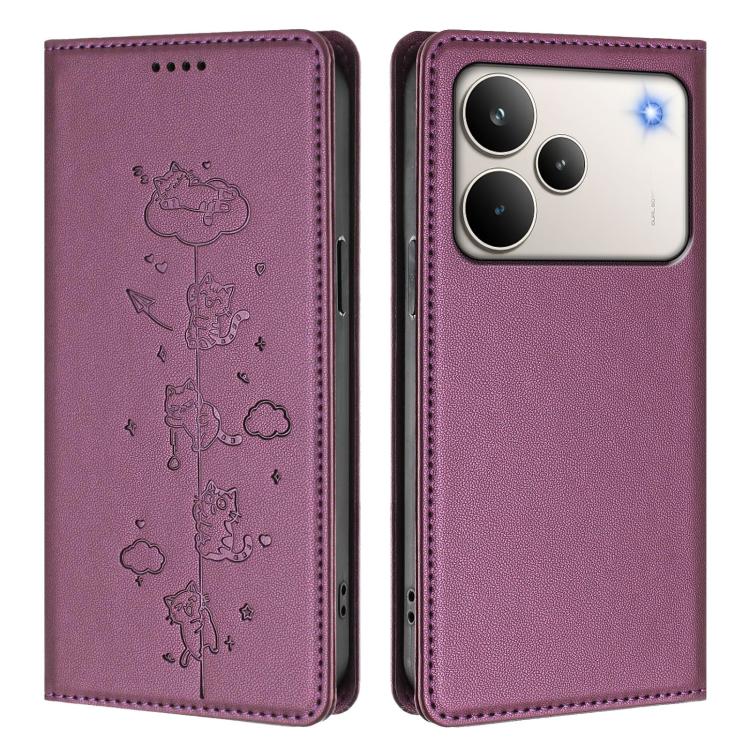 For Realme P4 Pro 5G Cute Cats Embossed Magnetic RFID Vegan Leather Phone Case