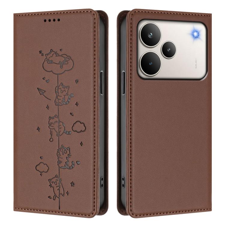 For Realme P4 Pro 5G Cute Cats Embossed Magnetic RFID Vegan Leather Phone Case