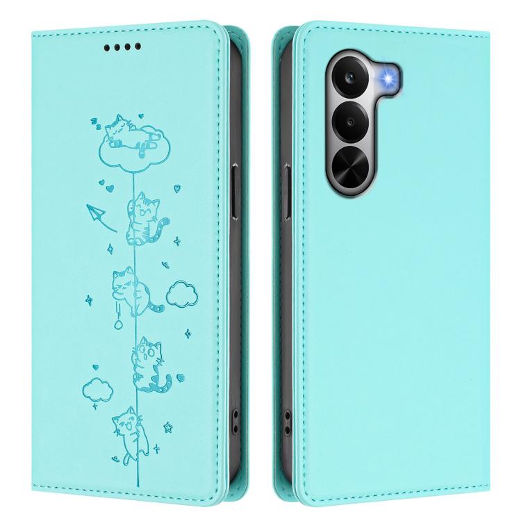 For Realme P4x 5G Cute Cats Embossed Magnetic RFID Vegan Leather Phone Case