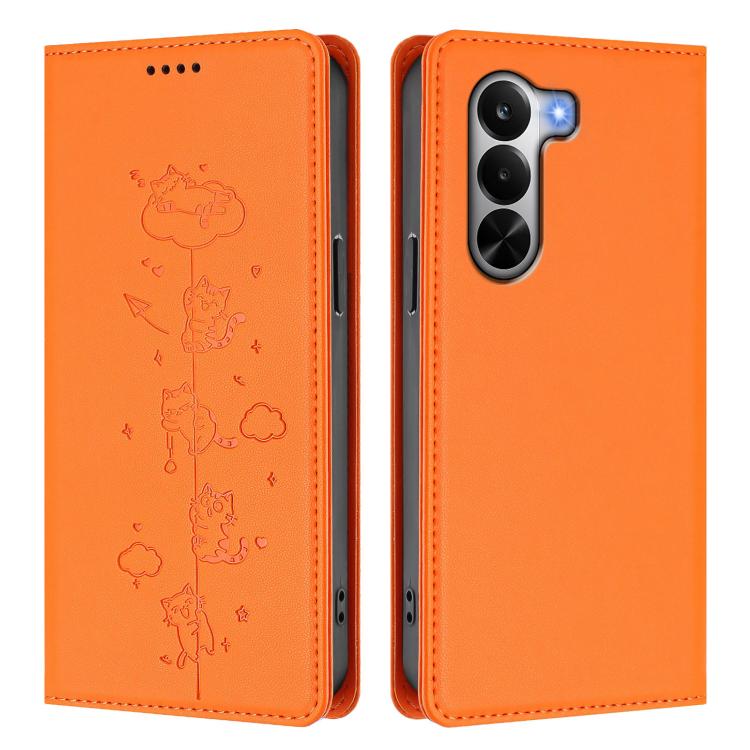 For Realme P4x 5G Cute Cats Embossed Magnetic RFID Vegan Leather Phone Case