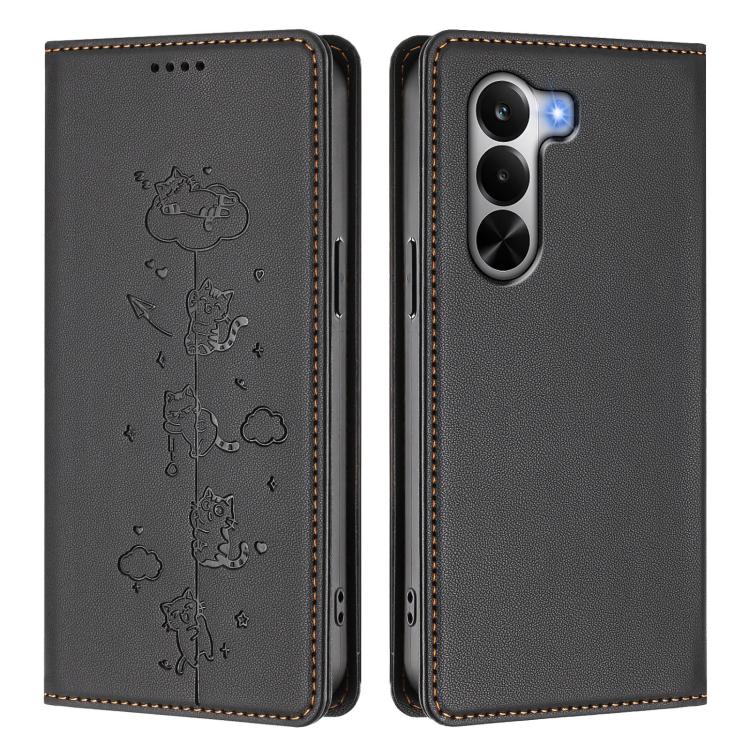 For Realme P4x 5G Cute Cats Embossed Magnetic RFID Vegan Leather Phone Case